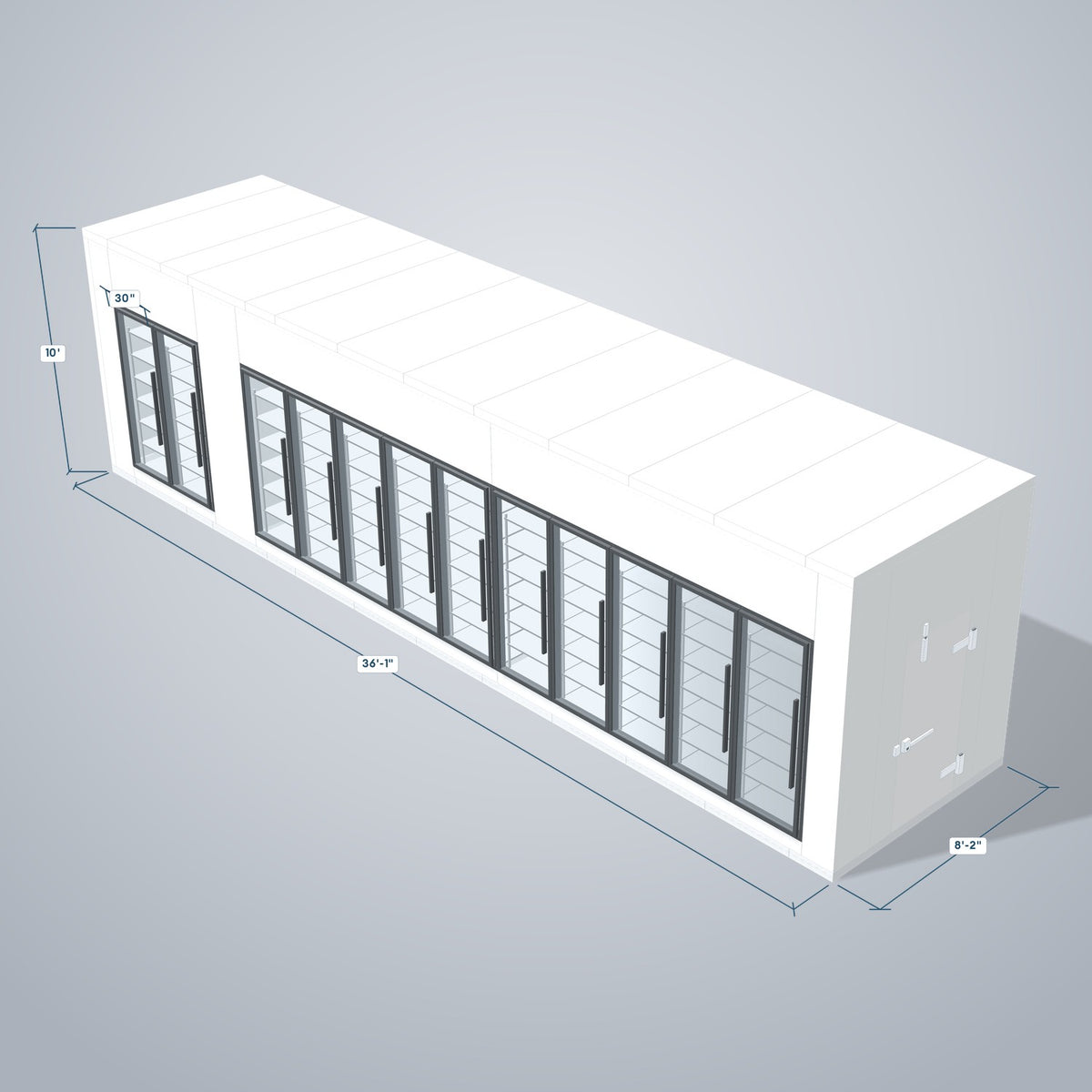 Astra HCMB8X36-8F28C-S30C10F2-RM 8' x 36' Walk-In Freezer/Cooler Combo with Floor, 2 Freezer + 10 Cooler Glass Doors, 3D view with outside dimensions