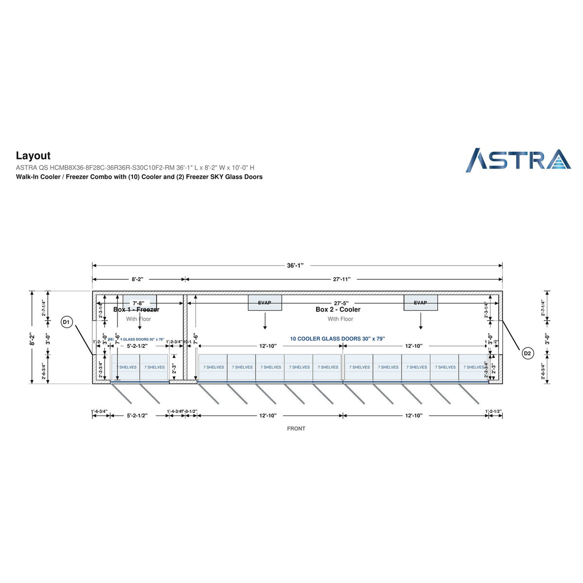 Astra HCMB8X36-8F28C-S30C10F2-RM 8' x 36' Walk-In Freezer/Cooler Combo with Floor, 2 Freezer + 10 Cooler Glass Doors, floor plan layout drawing with glass door shelving