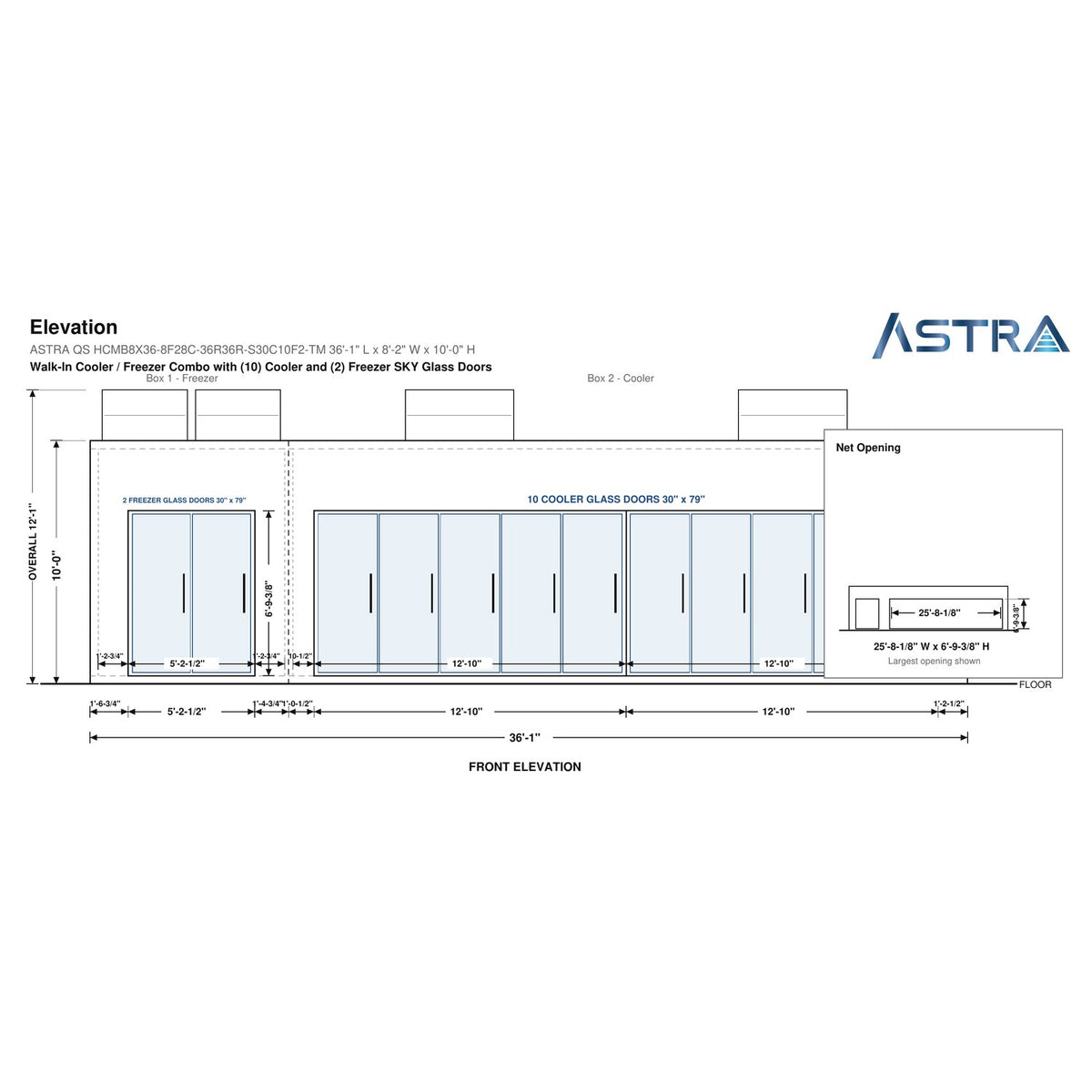 Astra HCMB8X36-8F28C-S30C10F2-TM 8' x 36' Walk-In Freezer/Cooler Combo with Floor, 2 Freezer + 10 Cooler Glass Doors, front elevation drawing with glass door net opening