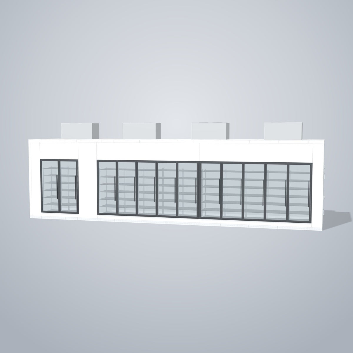 Astra HCMB8X36-8F28C-S30C10F2-TM 8' x 36' Walk-In Freezer/Cooler Combo with Floor, 2 Freezer + 10 Cooler Glass Doors, front 3D view of the glass door wall