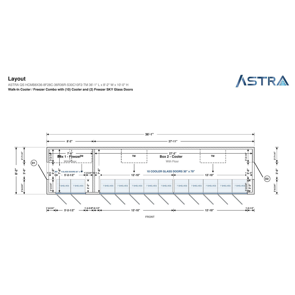 Astra HCMB8X36-8F28C-S30C10F2-TM 8' x 36' Walk-In Freezer/Cooler Combo with Floor, 2 Freezer + 10 Cooler Glass Doors, floor plan layout drawing with glass door shelving