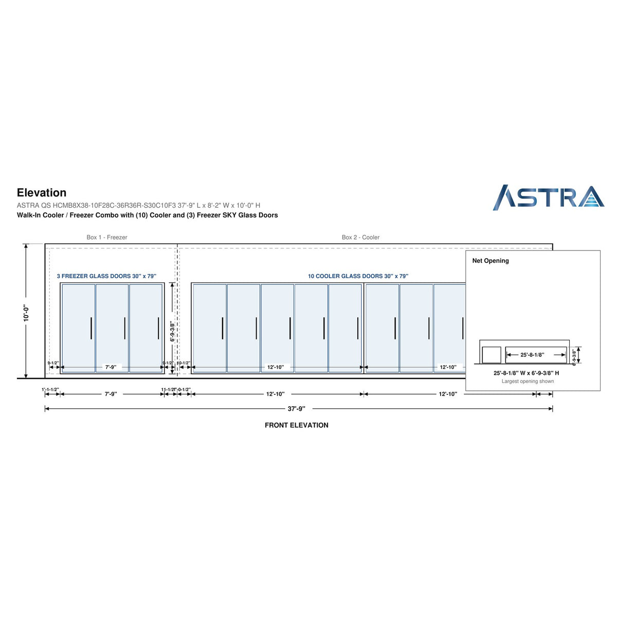 Astra HCMB8X38-10F28C-S30C10F3 8' x 38' Walk-In Freezer/Cooler Combo with Floor, 3 Freezer + 10 Cooler Glass Doors, front elevation drawing with glass door net opening
