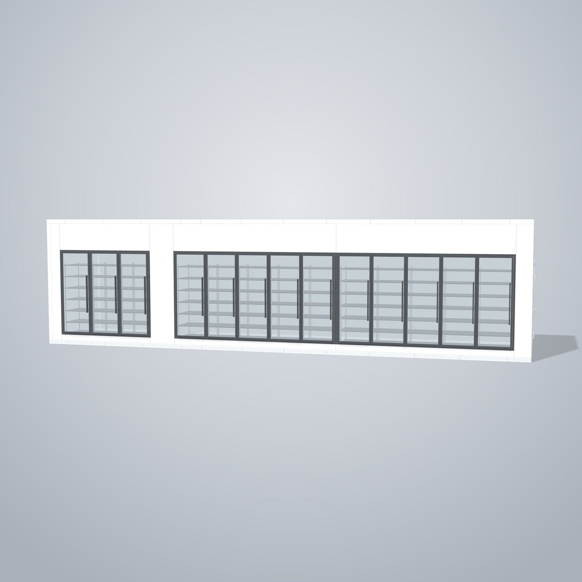 Astra HCMB8X38-10F28C-S30C10F3 8' x 38' Walk-In Freezer/Cooler Combo with Floor, 3 Freezer + 10 Cooler Glass Doors, front 3D view of the glass door wall