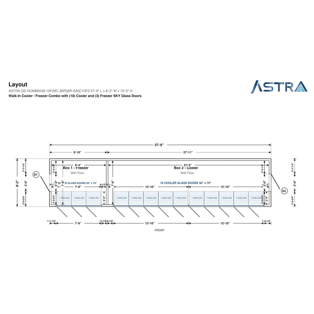 Astra HCMB8X38-10F28C-S30C10F3 8' x 38' Walk-In Freezer/Cooler Combo with Floor, 3 Freezer + 10 Cooler Glass Doors, floor plan layout drawing with glass door shelving