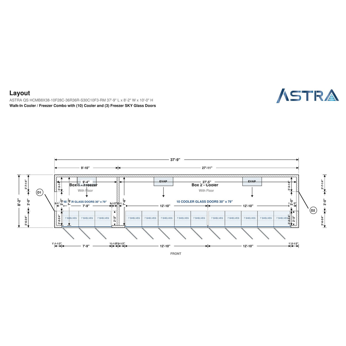 Astra HCMB8X38-10F28C-S30C10F3-RM 8' x 38' Walk-In Freezer/Cooler Combo with Floor, 3 Freezer + 10 Cooler Glass Doors, floor plan layout drawing with glass door shelving
