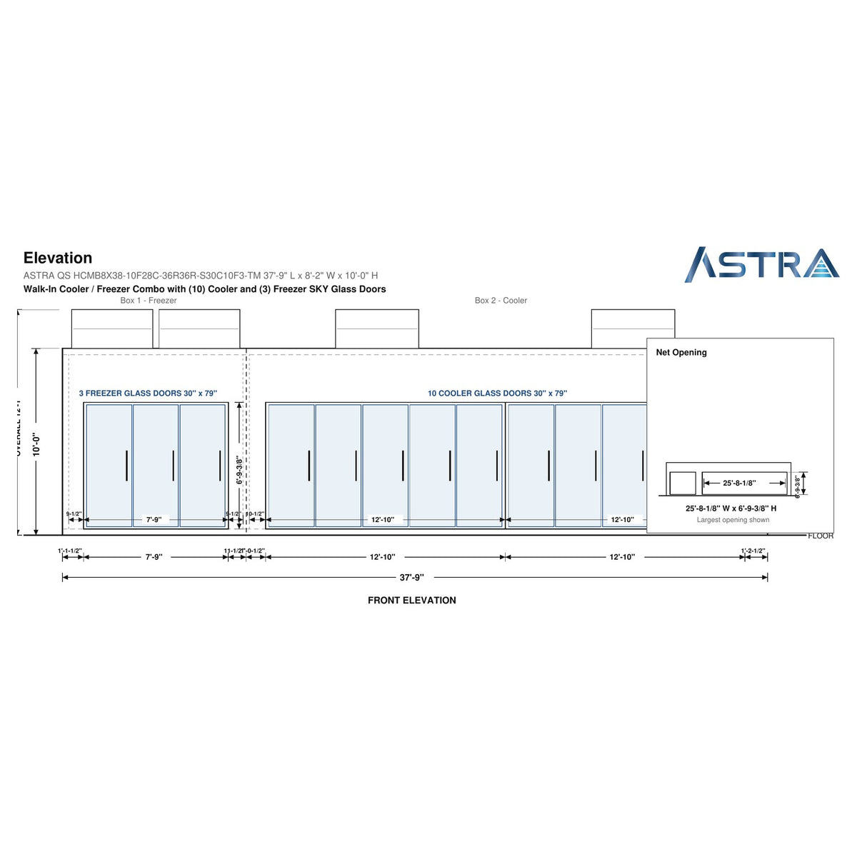 Astra HCMB8X38-10F28C-S30C10F3-TM 8' x 38' Walk-In Freezer/Cooler Combo with Floor, 3 Freezer + 10 Cooler Glass Doors, front elevation drawing with glass door net opening