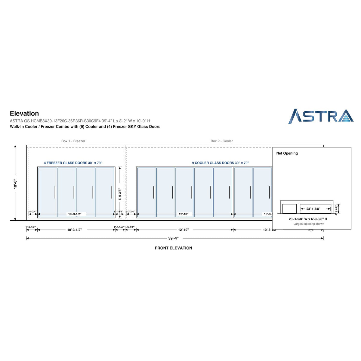Astra HCMB8X39-13F26C-S30C9F4 8' x 39' Walk-In Freezer/Cooler Combo with Floor, 4 Freezer + 9 Cooler Glass Doors, front elevation drawing with glass door net opening