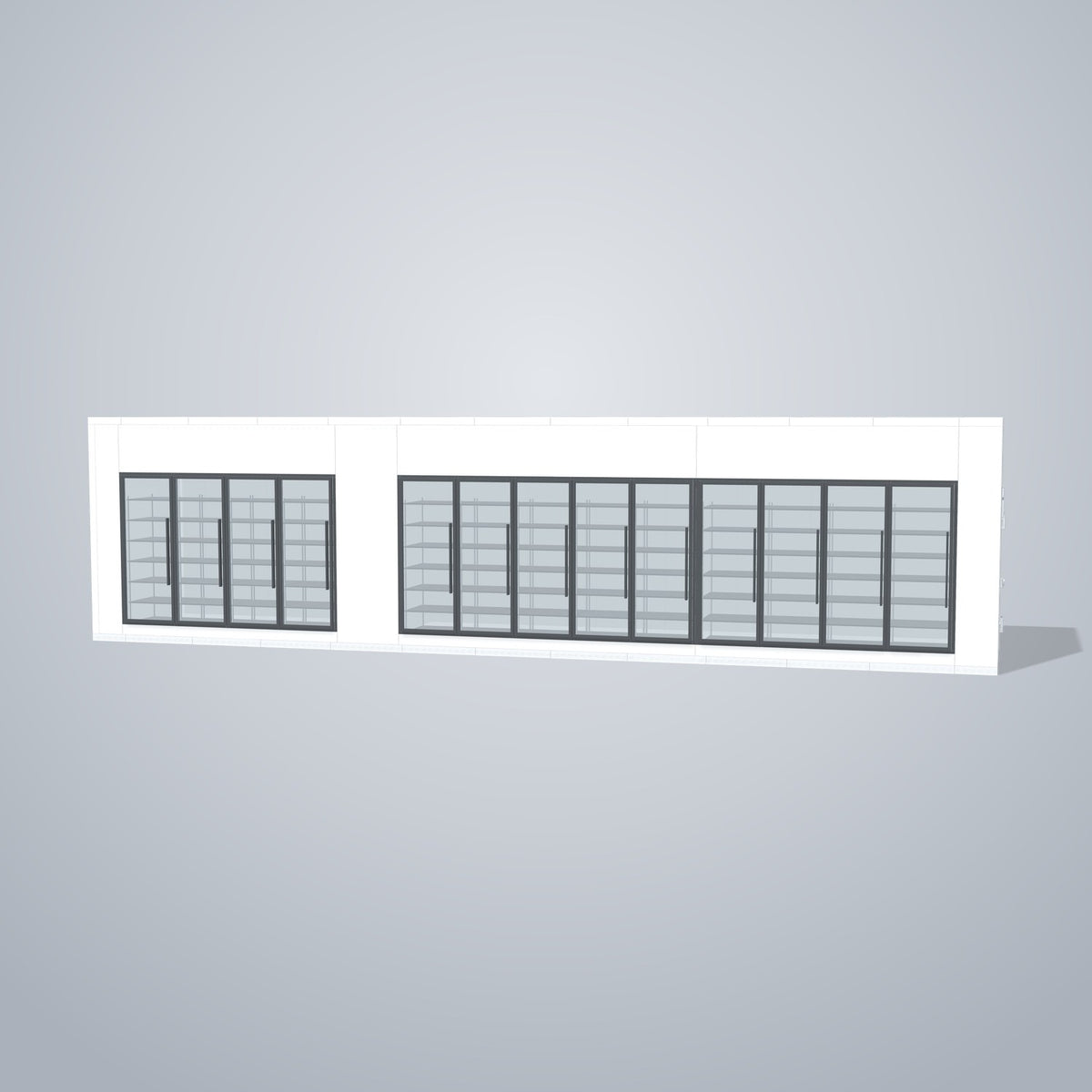 Astra HCMB8X39-13F26C-S30C9F4 8' x 39' Walk-In Freezer/Cooler Combo with Floor, 4 Freezer + 9 Cooler Glass Doors, front 3D view of the glass door wall