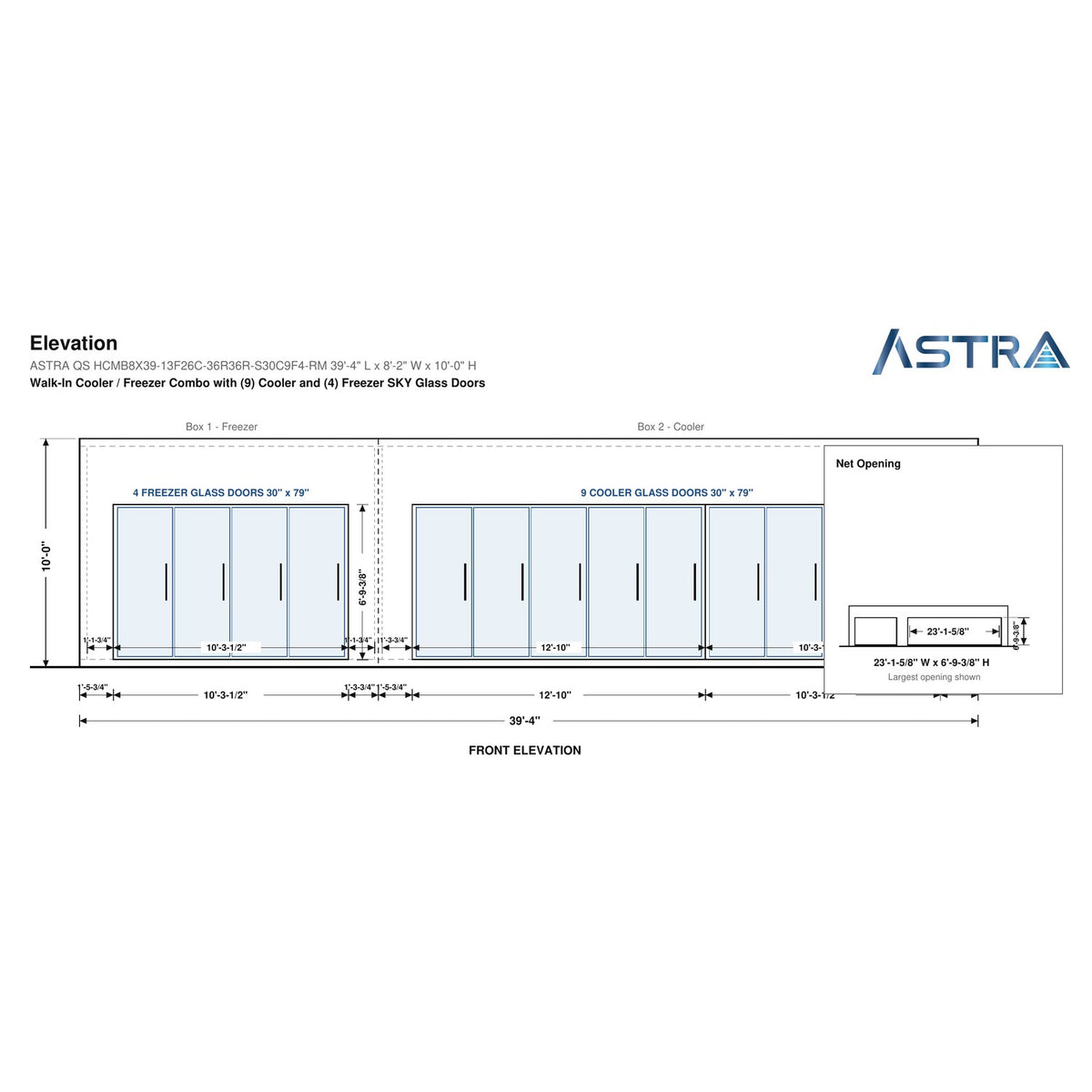 Astra HCMB8X39-13F26C-S30C9F4-RM 8' x 39' Walk-In Freezer/Cooler Combo with Floor, 4 Freezer + 9 Cooler Glass Doors, front elevation drawing with glass door net opening