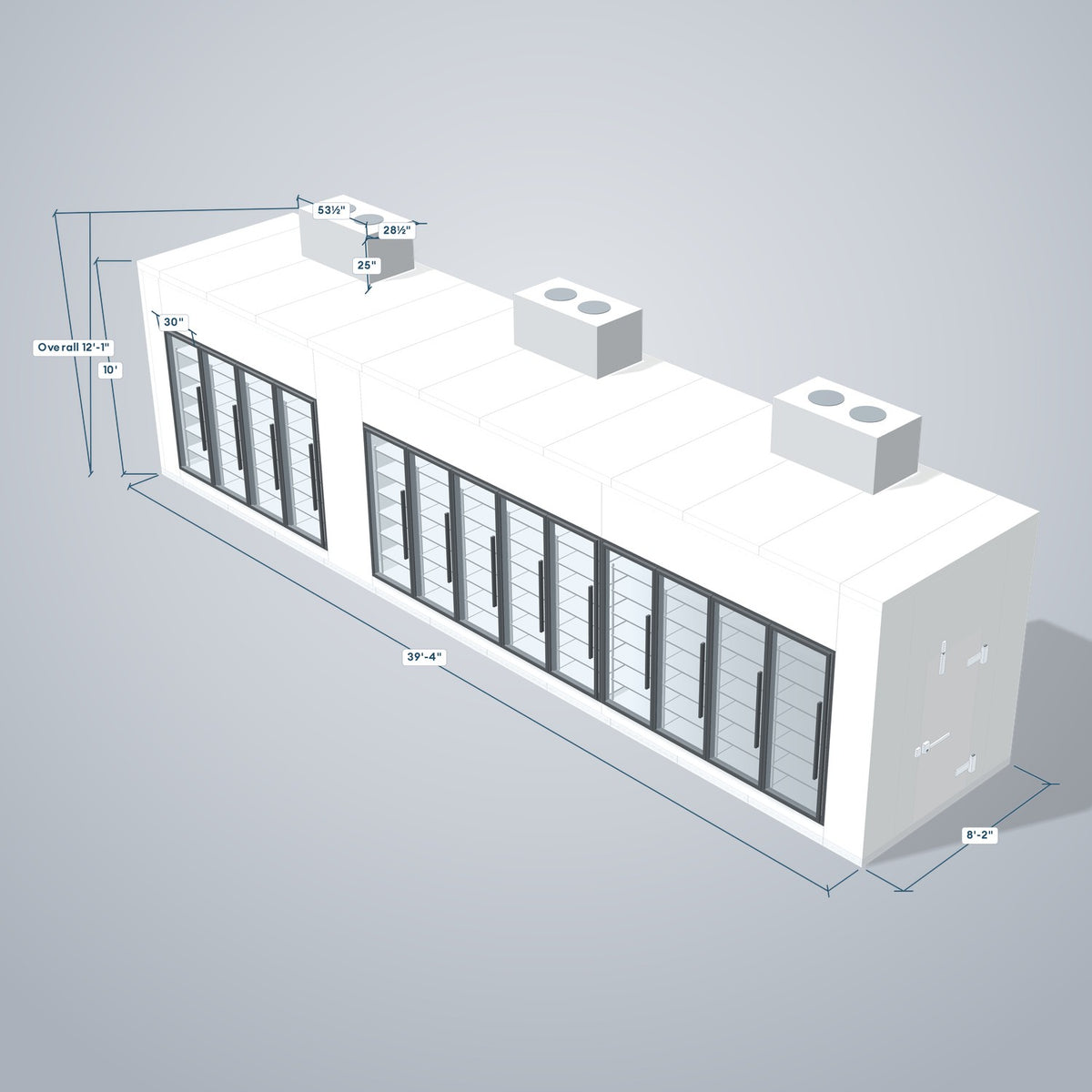 Astra HCMB8X39-13F26C-S30C9F4-TM 8' x 39' Walk-In Freezer/Cooler Combo with Floor, 4 Freezer + 9 Cooler Glass Doors, 3D view with outside dimensions