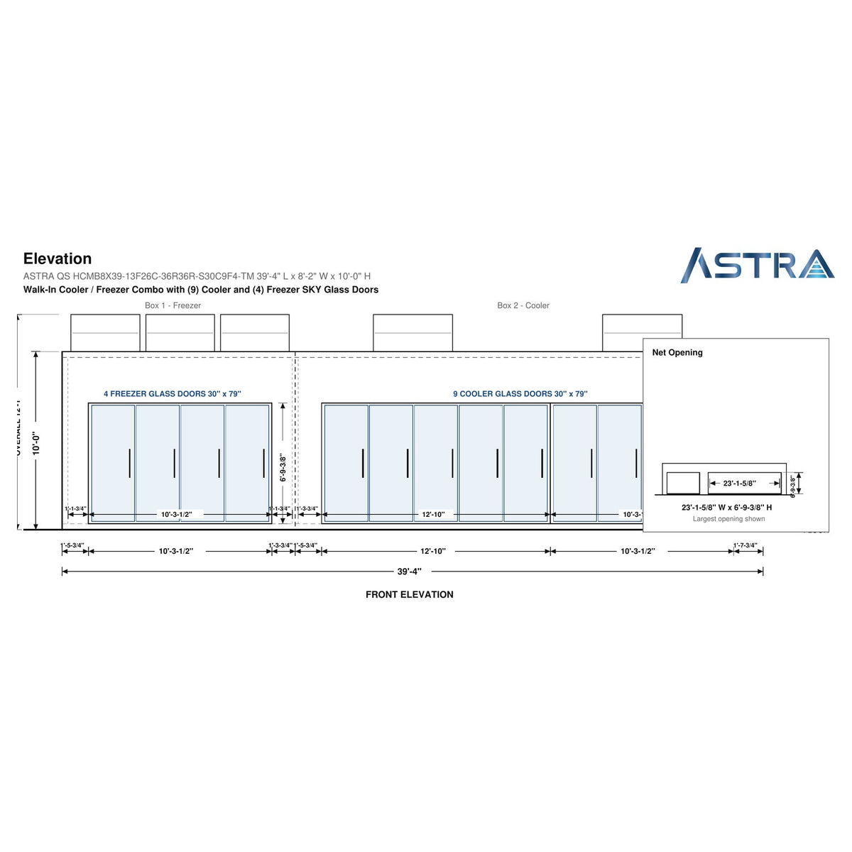 Astra HCMB8X39-13F26C-S30C9F4-TM 8' x 39' Walk-In Freezer/Cooler Combo with Floor, 4 Freezer + 9 Cooler Glass Doors, front elevation drawing with glass door net opening