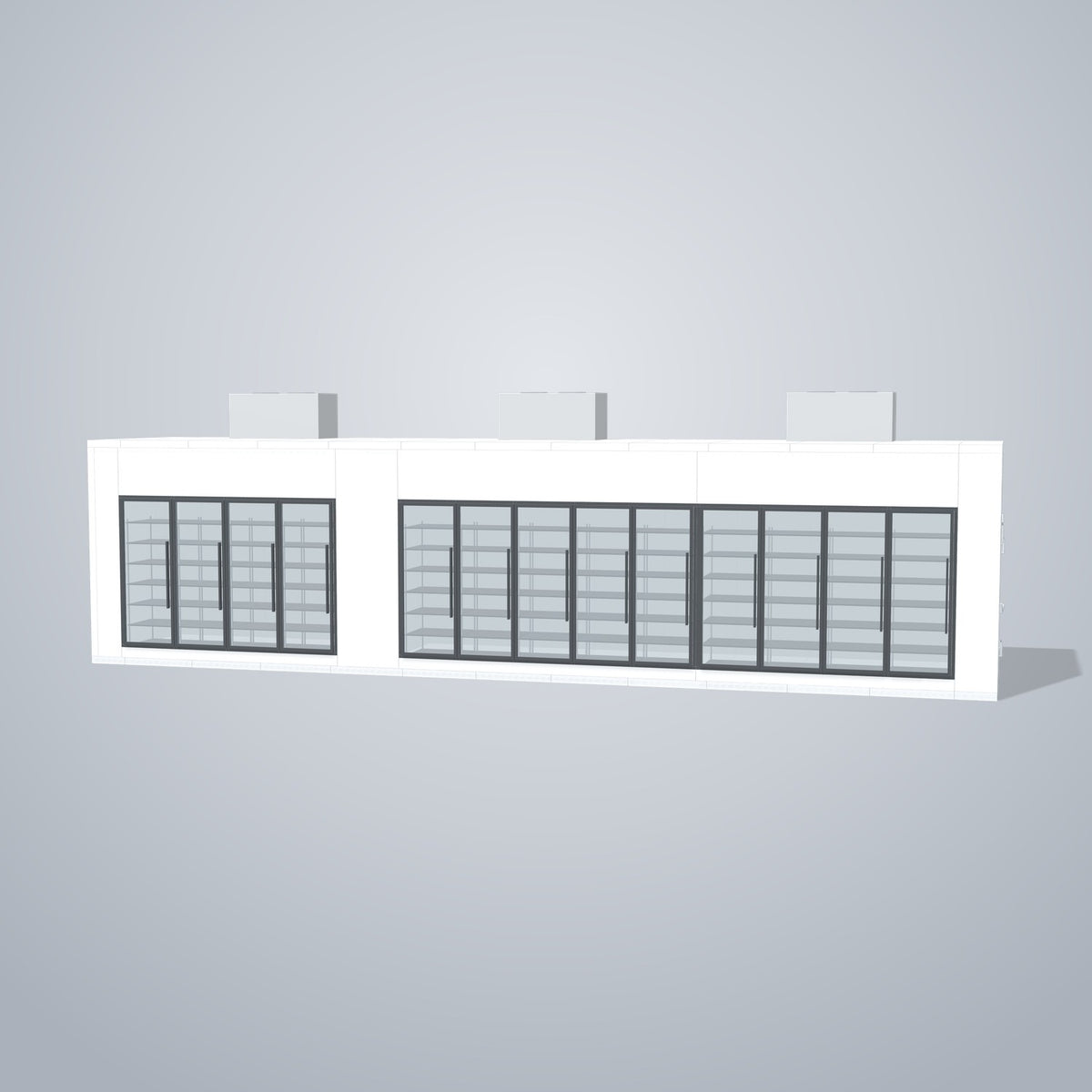 Astra HCMB8X39-13F26C-S30C9F4-TM 8' x 39' Walk-In Freezer/Cooler Combo with Floor, 4 Freezer + 9 Cooler Glass Doors, front 3D view of the glass door wall