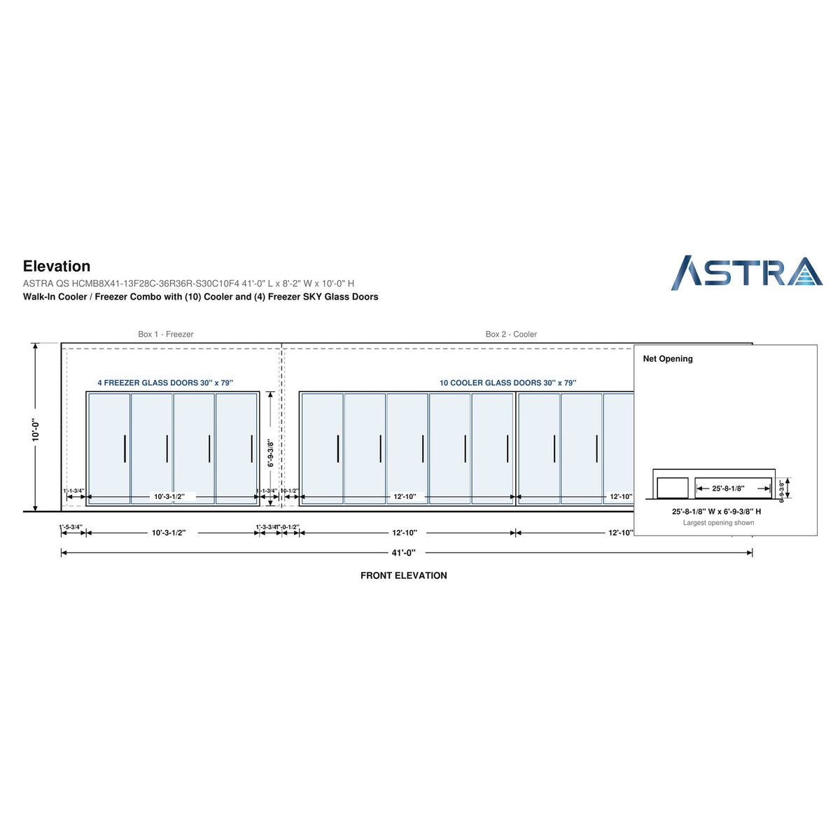 Astra HCMB8X41-13F28C-S30C10F4 8' x 41' Walk-In Freezer/Cooler Combo with Floor, 4 Freezer + 10 Cooler Glass Doors, front elevation drawing with glass door net opening