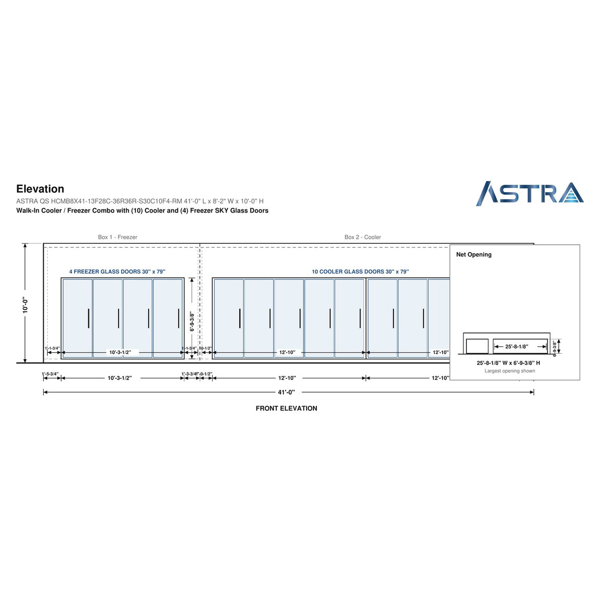 Astra HCMB8X41-13F28C-S30C10F4-RM 8' x 41' Walk-In Freezer/Cooler Combo with Floor, 4 Freezer + 10 Cooler Glass Doors, front elevation drawing with glass door net opening