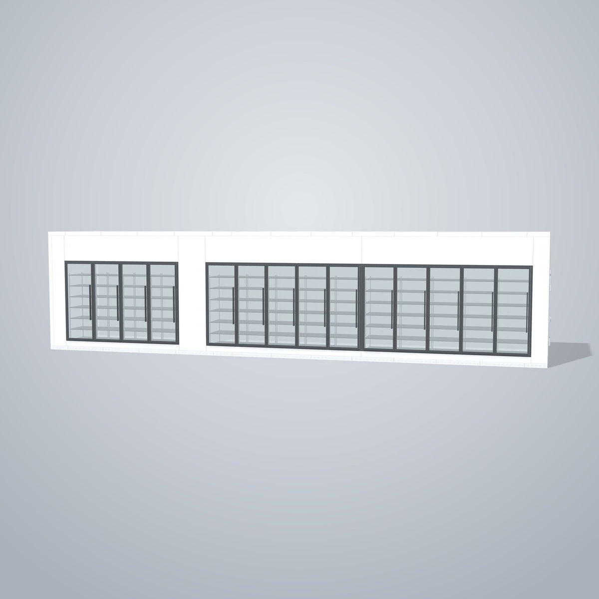 Astra HCMB8X41-13F28C-S30C10F4-RM 8' x 41' Walk-In Freezer/Cooler Combo with Floor, 4 Freezer + 10 Cooler Glass Doors, front 3D view of the glass door wall