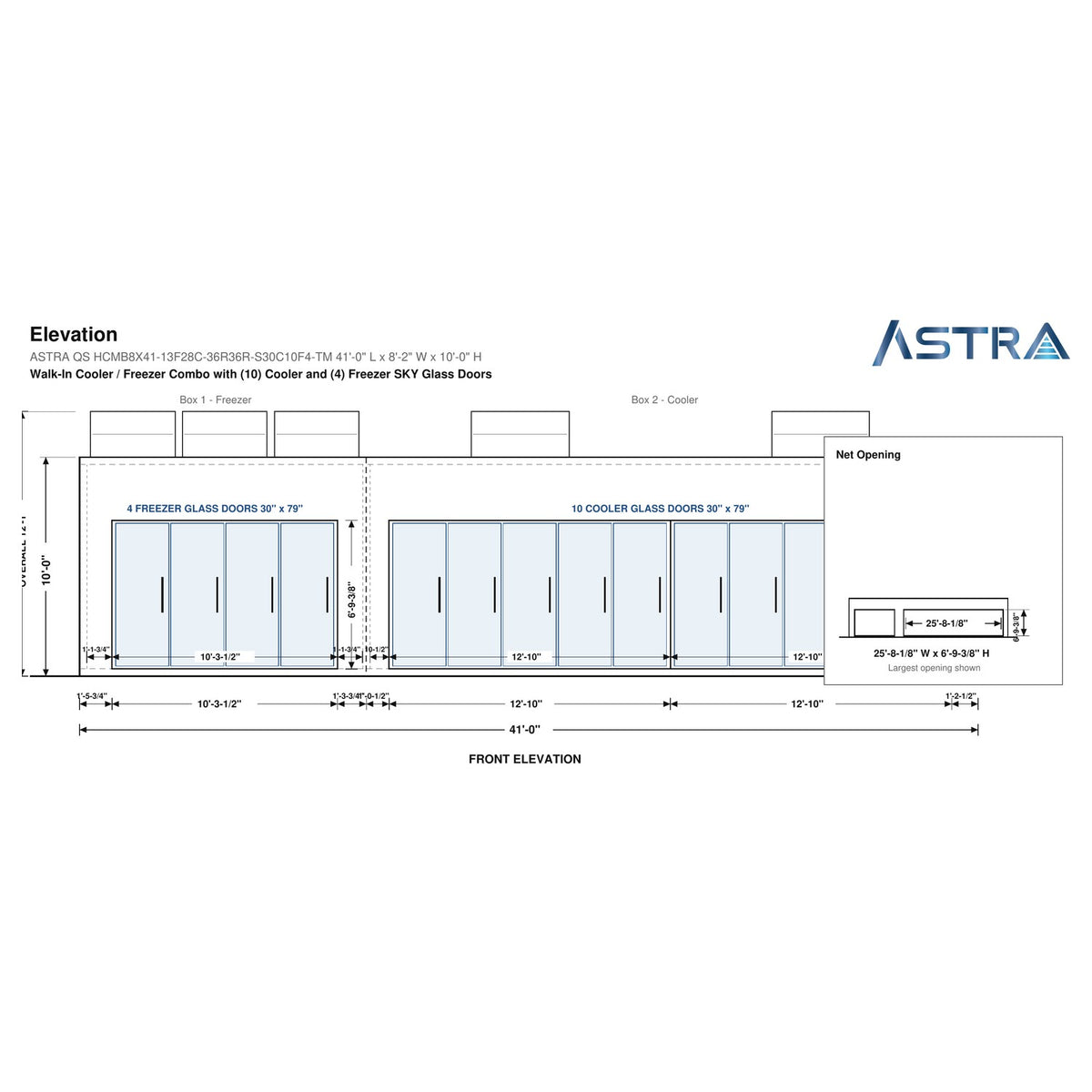 Astra HCMB8X41-13F28C-S30C10F4-TM 8' x 41' Walk-In Freezer/Cooler Combo with Floor, 4 Freezer + 10 Cooler Glass Doors, front elevation drawing with glass door net opening