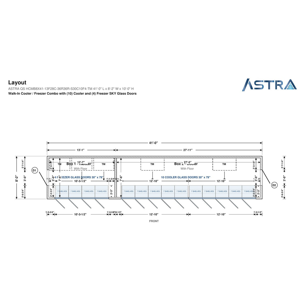 Astra HCMB8X41-13F28C-S30C10F4-TM 8' x 41' Walk-In Freezer/Cooler Combo with Floor, 4 Freezer + 10 Cooler Glass Doors, floor plan layout drawing with glass door shelving