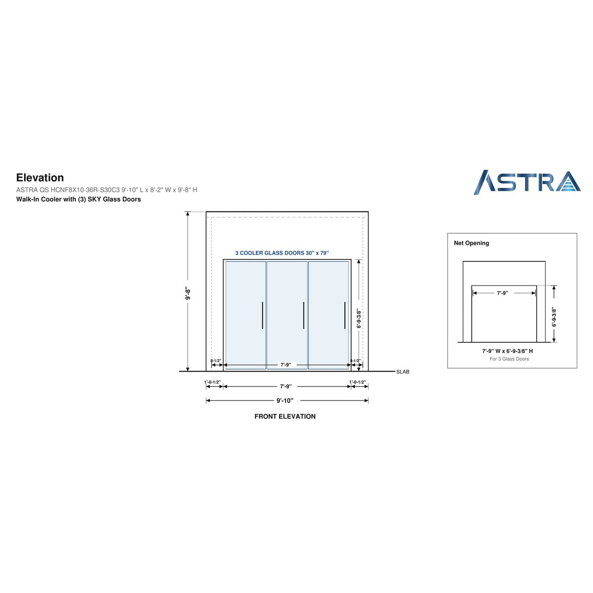 Astra HCNF8X10-S30C3 walk-in cooler no floor with 3 glass doors, front elevation drawing with glass door net opening