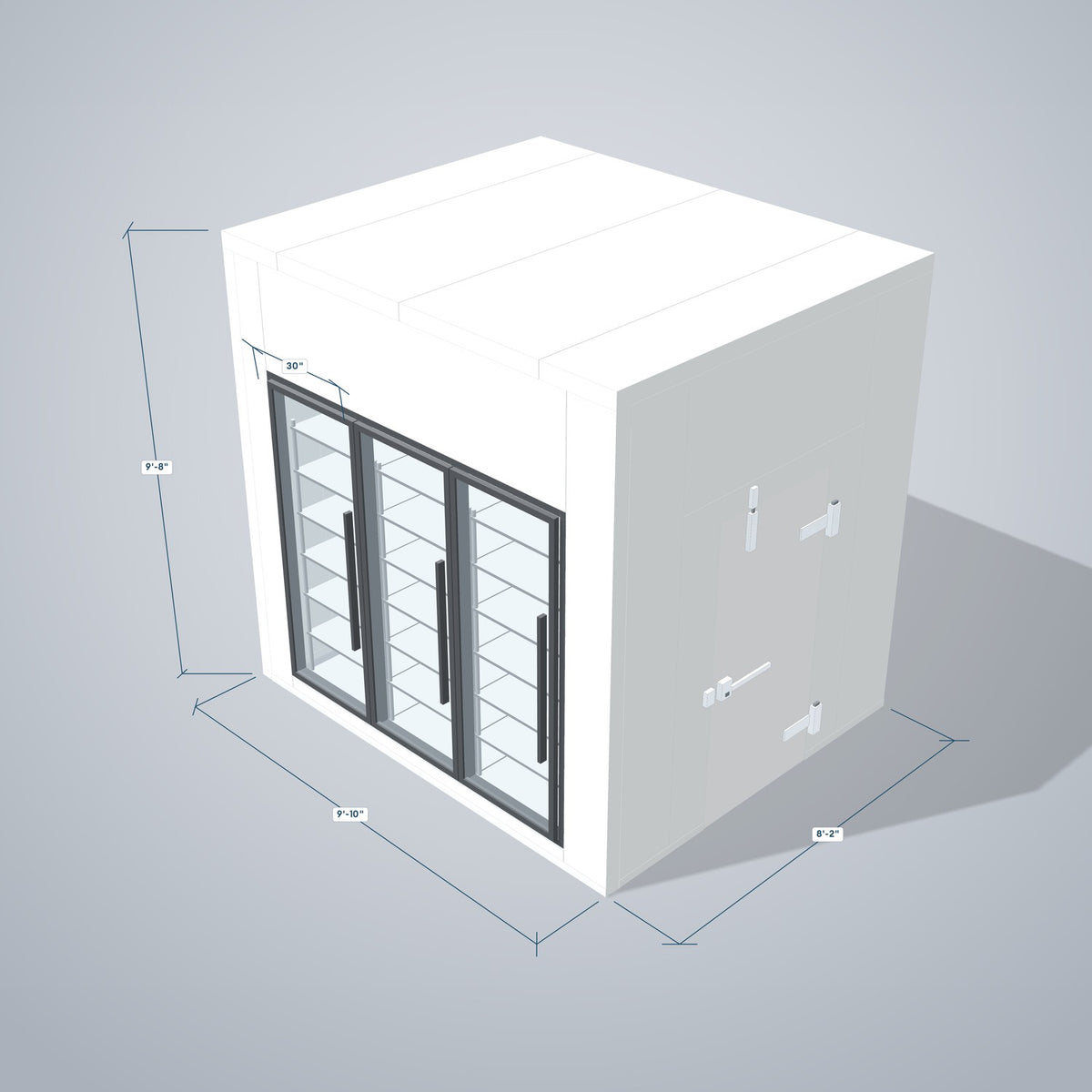 Astra HCNF8X10-S30C3-RM walk-in cooler no floor with 3 glass doors and remote refrigeration, 3D view with outside dimensions
