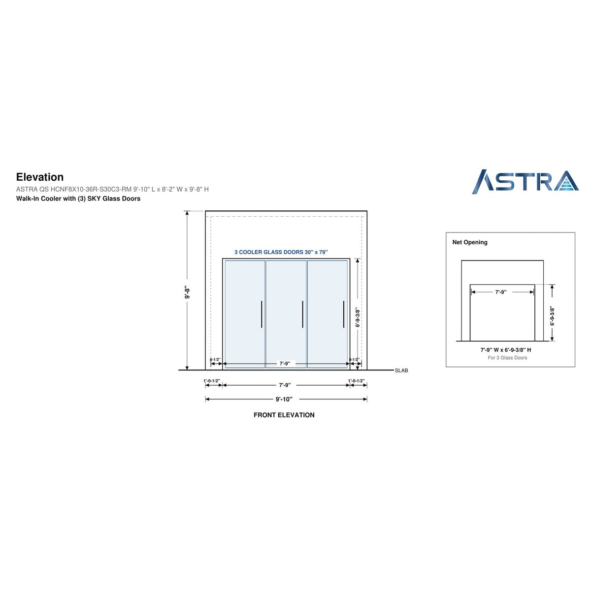 Astra HCNF8X10-S30C3-RM walk-in cooler no floor with 3 glass doors and remote refrigeration, front elevation drawing with glass door net opening