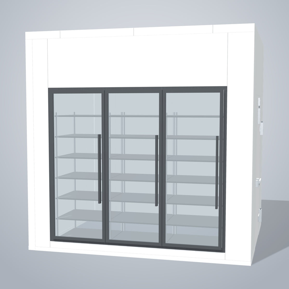 Astra HCNF8X10-S30C3-RM 8' x 10' Walk-In Cooler No Floor, 3 Glass Doors, front 3D view of the glass door wall