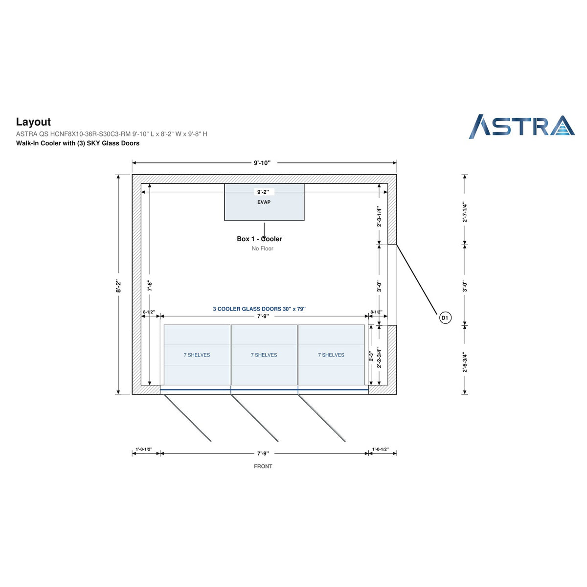 Astra HCNF8X10-S30C3-RM walk-in cooler no floor with 3 glass doors and remote refrigeration, floor plan layout drawing with glass door shelving