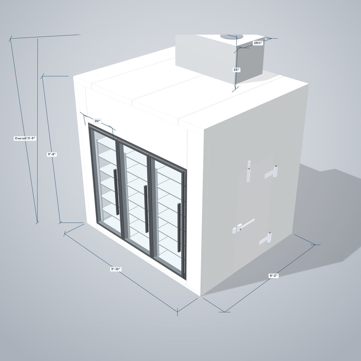 Astra HCNF8X10-S30C3-TM walk-in cooler no floor with 3 glass doors and top mount refrigeration, 3D view with outside dimensions