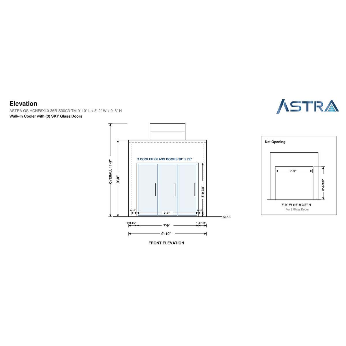 Astra HCNF8X10-S30C3-TM walk-in cooler no floor with 3 glass doors and top mount refrigeration, front elevation drawing with glass door net opening