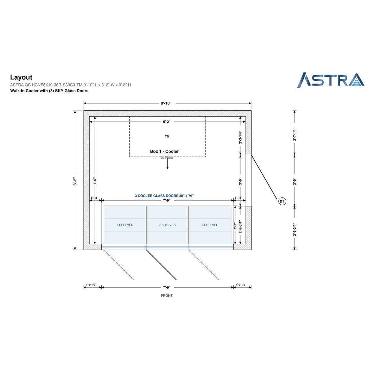 Astra HCNF8X10-S30C3-TM walk-in cooler no floor with 3 glass doors and top mount refrigeration, floor plan layout drawing with glass door shelving