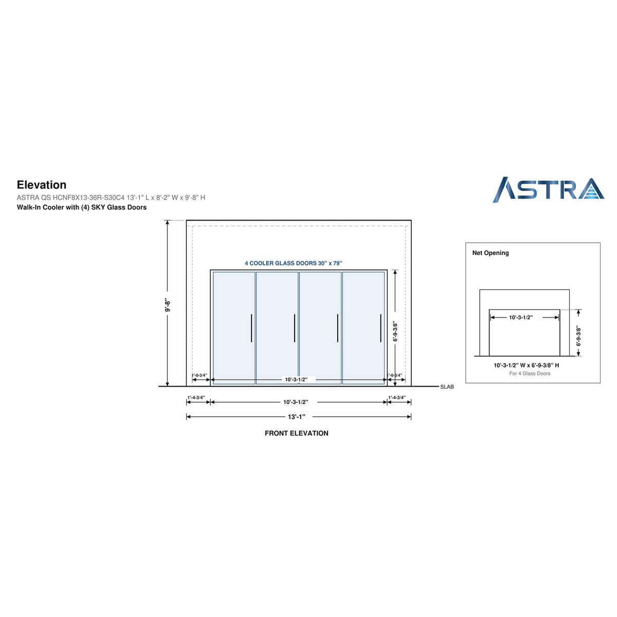 Astra HCNF8X13-S30C4 walk-in cooler no floor with 4 glass doors, front elevation drawing with glass door net opening