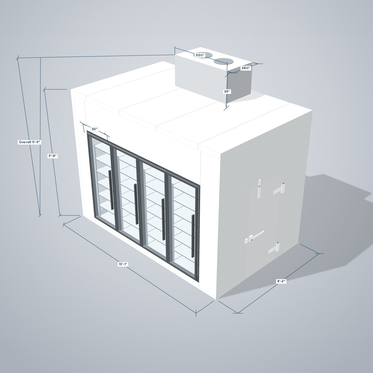 Astra HCNF8X13-S30C4-TM walk-in cooler no floor with 4 glass doors and top mount refrigeration, 3D view with outside dimensions