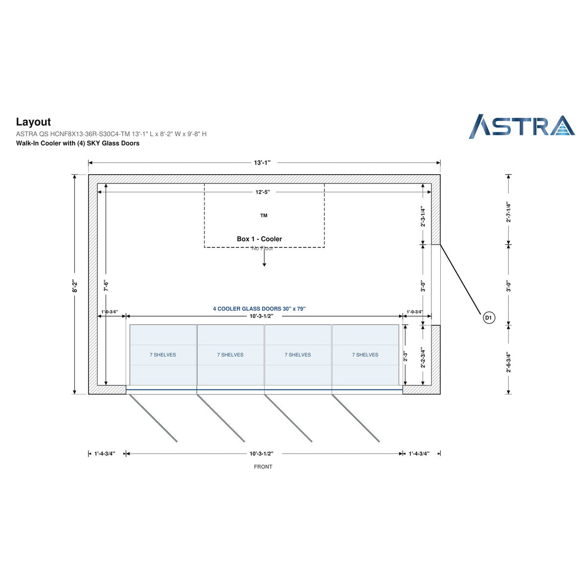 Astra HCNF8X13-S30C4-TM walk-in cooler no floor with 4 glass doors and top mount refrigeration, floor plan layout drawing with glass door shelving