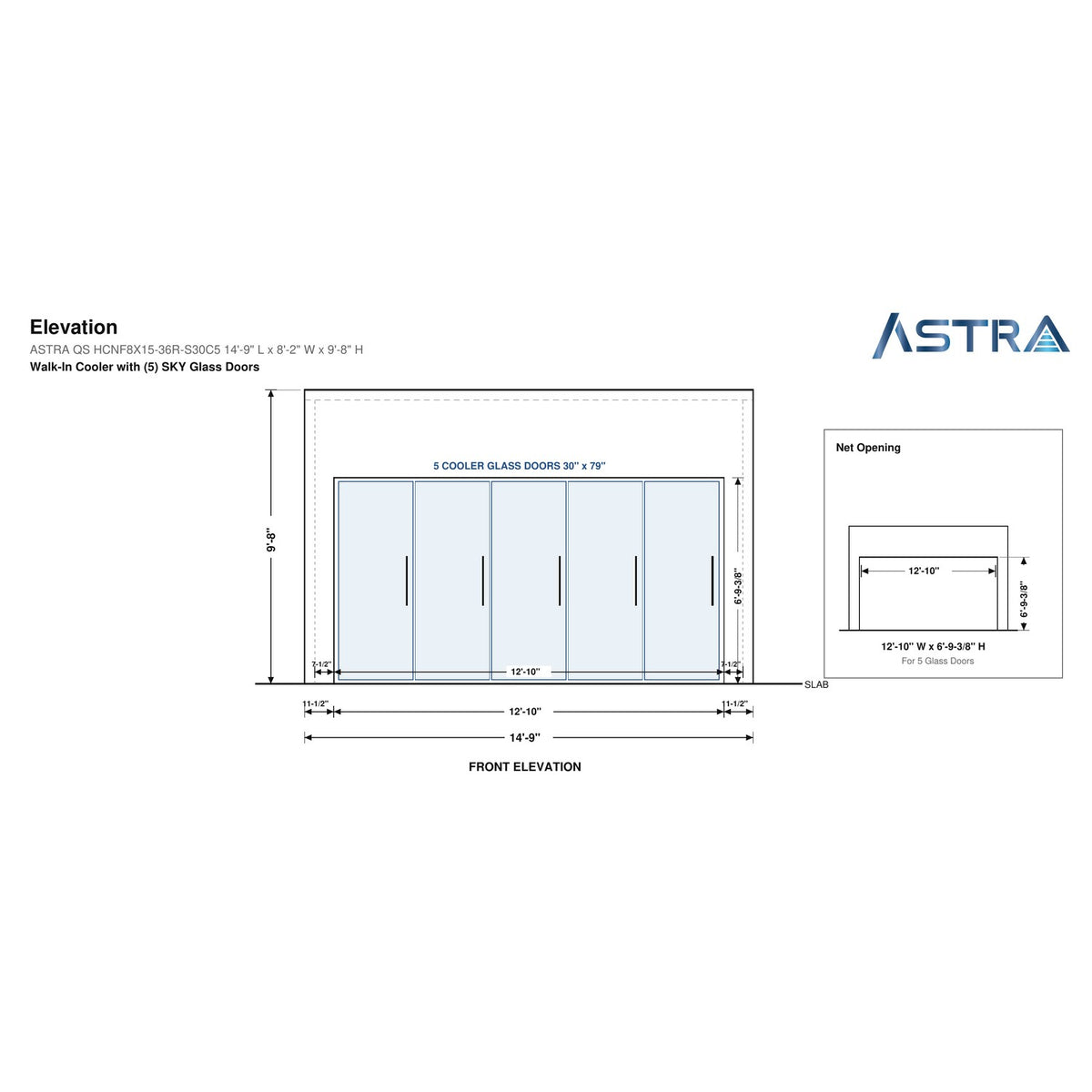 Astra HCNF8X15-S30C5 walk-in cooler no floor with 5 glass doors, front elevation drawing with glass door net opening