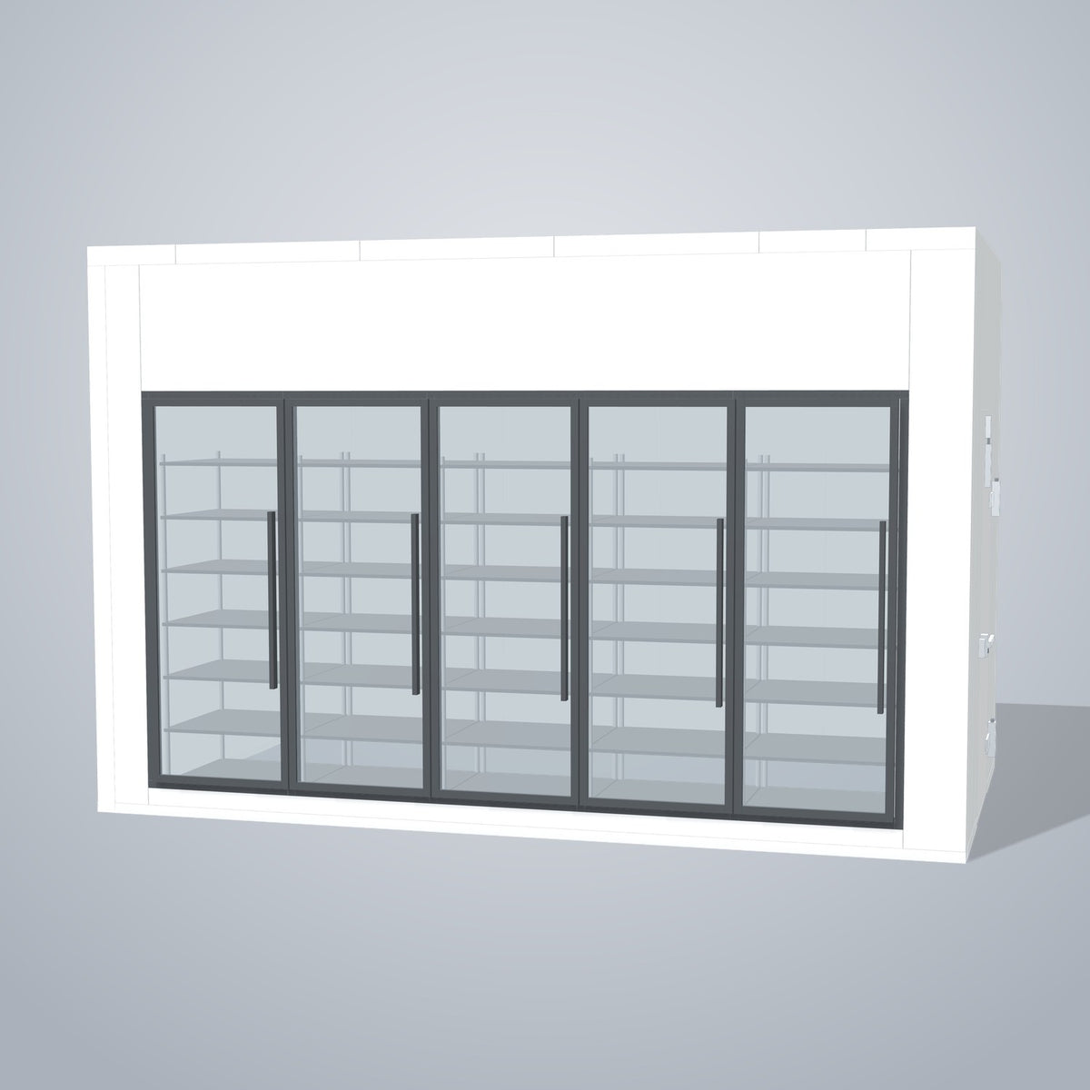 Astra HCNF8X15-S30C5-RM 8' x 15' Walk-In Cooler No Floor, 5 Glass Doors, front 3D view of the glass door wall