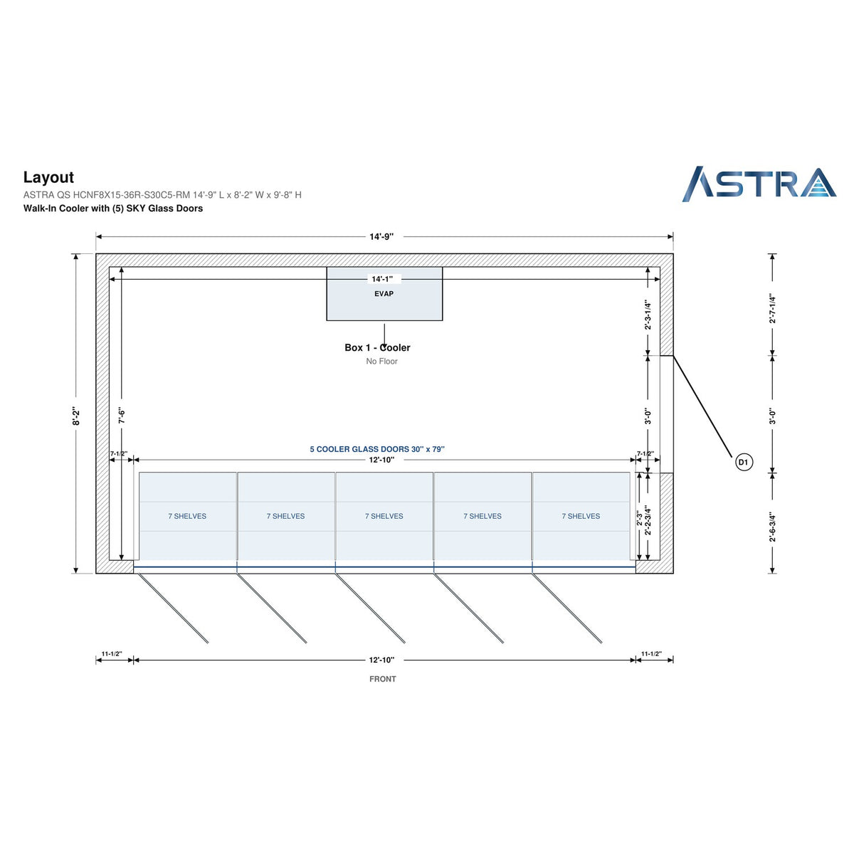 Astra HCNF8X15-S30C5-RM walk-in cooler no floor with 5 glass doors and remote refrigeration, floor plan layout drawing with glass door shelving