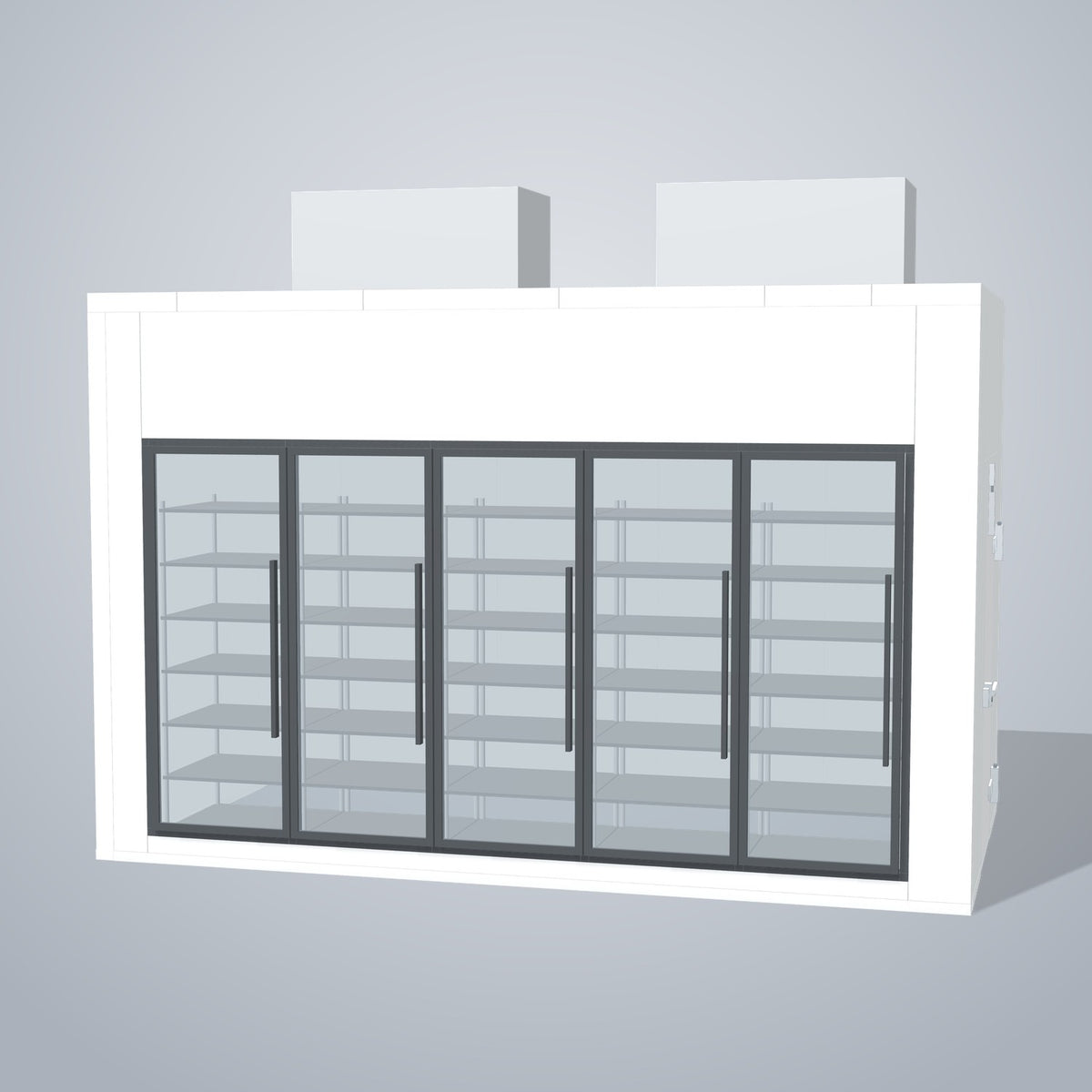 Astra HCNF8X15-S30C5-TM 8' x 15' Walk-In Cooler No Floor, 5 Glass Doors, front 3D view of the glass door wall