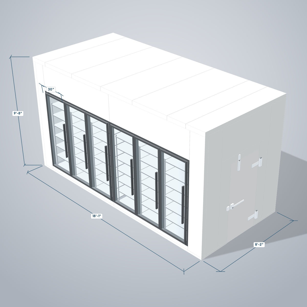 Astra HCNF8X18-S30C6 8' x 18' Walk-In Cooler No Floor, 6 Glass Doors, 3D view with outside dimensions