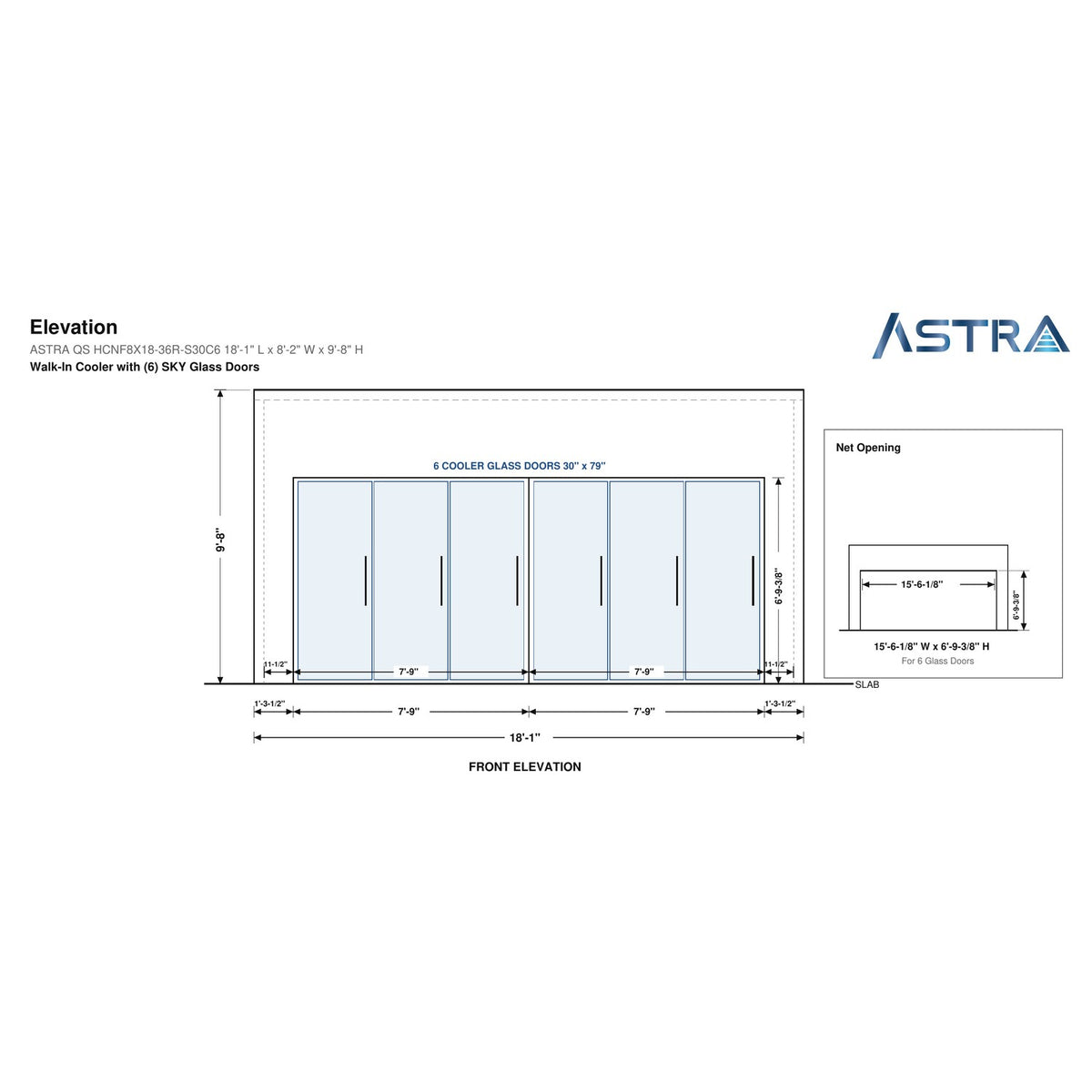 Astra HCNF8X18-S30C6 8' x 18' Walk-In Cooler No Floor, 6 Glass Doors, front elevation drawing with glass door net opening