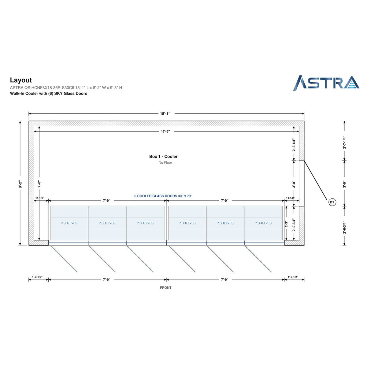 Astra HCNF8X18-S30C6 8' x 18' Walk-In Cooler No Floor, 6 Glass Doors, floor plan layout drawing with glass door shelving