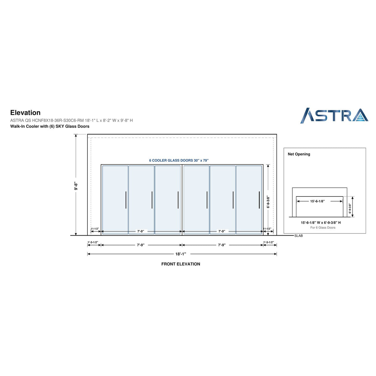 Astra HCNF8X18-S30C6-RM 8' x 18' Walk-In Cooler No Floor, 6 Glass Doors, front elevation drawing with glass door net opening