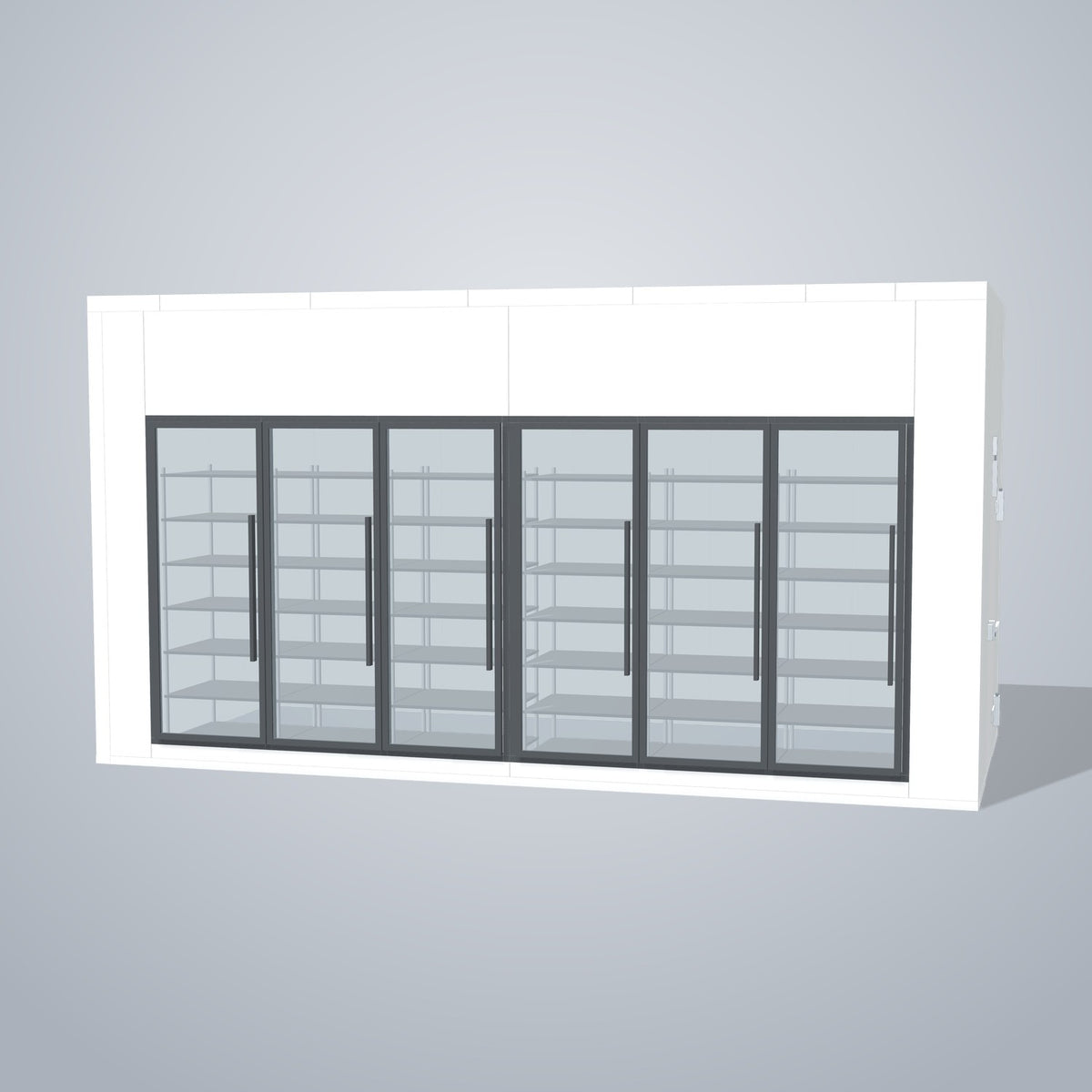 Astra HCNF8X18-S30C6-RM 8' x 18' Walk-In Cooler No Floor, 6 Glass Doors, front 3D view of the glass door wall