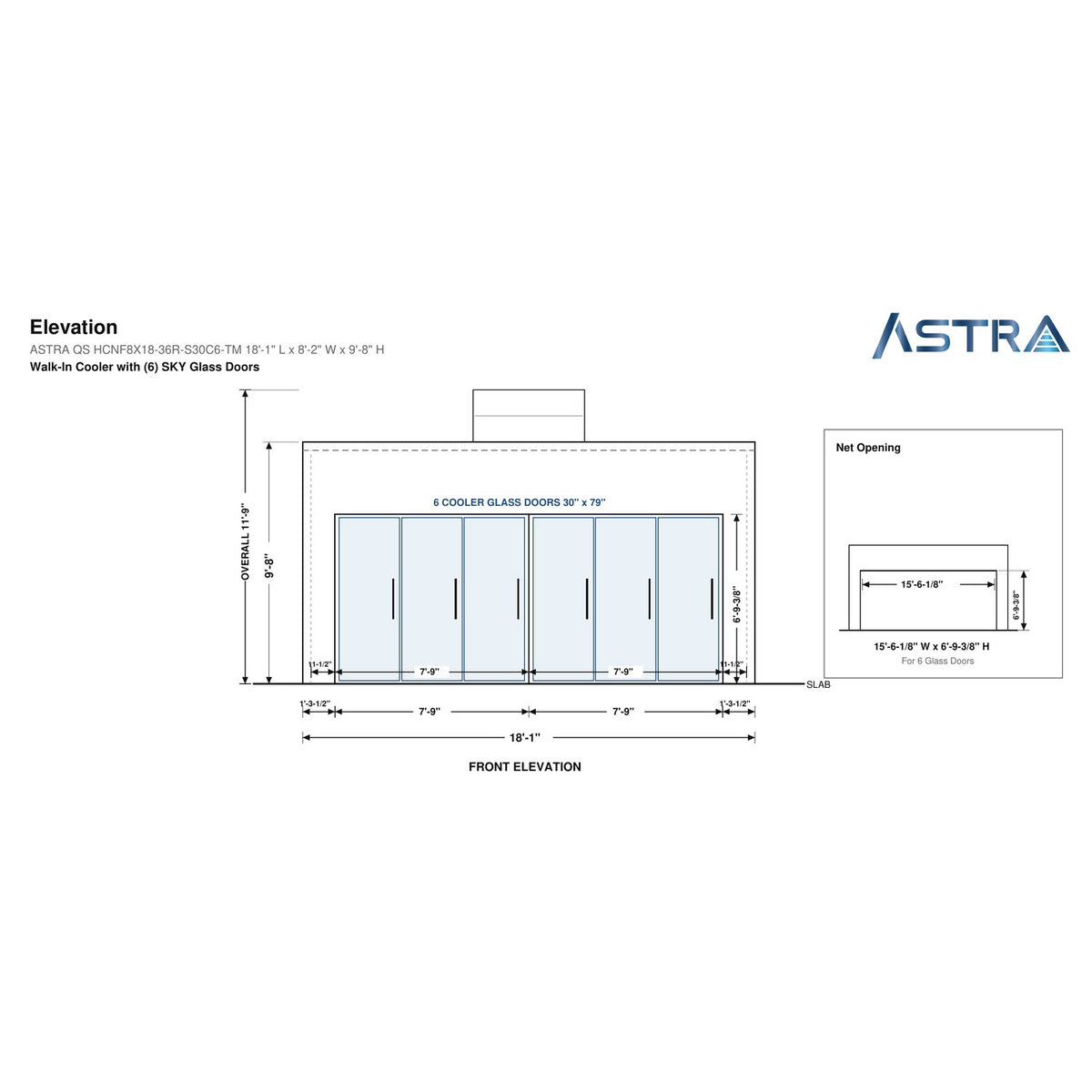 Astra HCNF8X18-S30C6-TM 8' x 18' Walk-In Cooler No Floor, 6 Glass Doors, front elevation drawing with glass door net opening