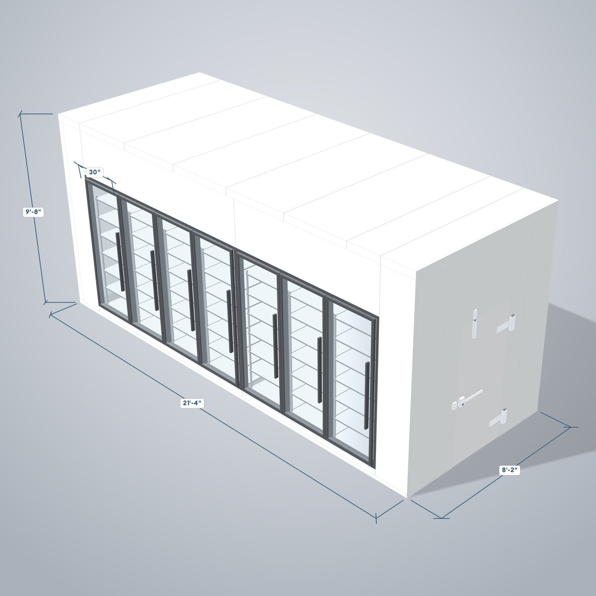 Astra HCNF8X21-S30C7 8' x 21' Walk-In Cooler No Floor, 7 Glass Doors, 3D view with outside dimensions