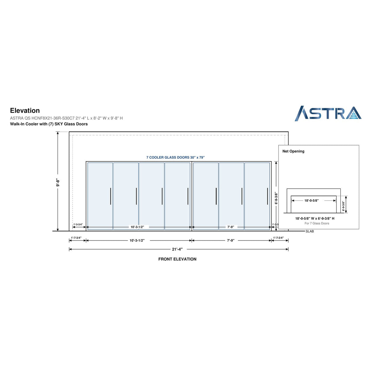 Astra HCNF8X21-S30C7 8' x 21' Walk-In Cooler No Floor, 7 Glass Doors, front elevation drawing with glass door net opening