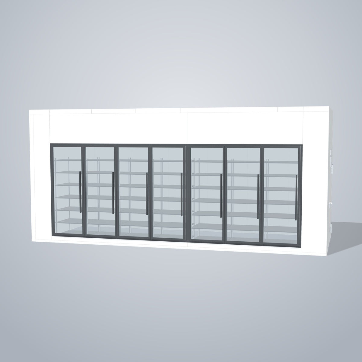 Astra HCNF8X21-S30C7 8' x 21' Walk-In Cooler No Floor, 7 Glass Doors, front 3D view of the glass door wall