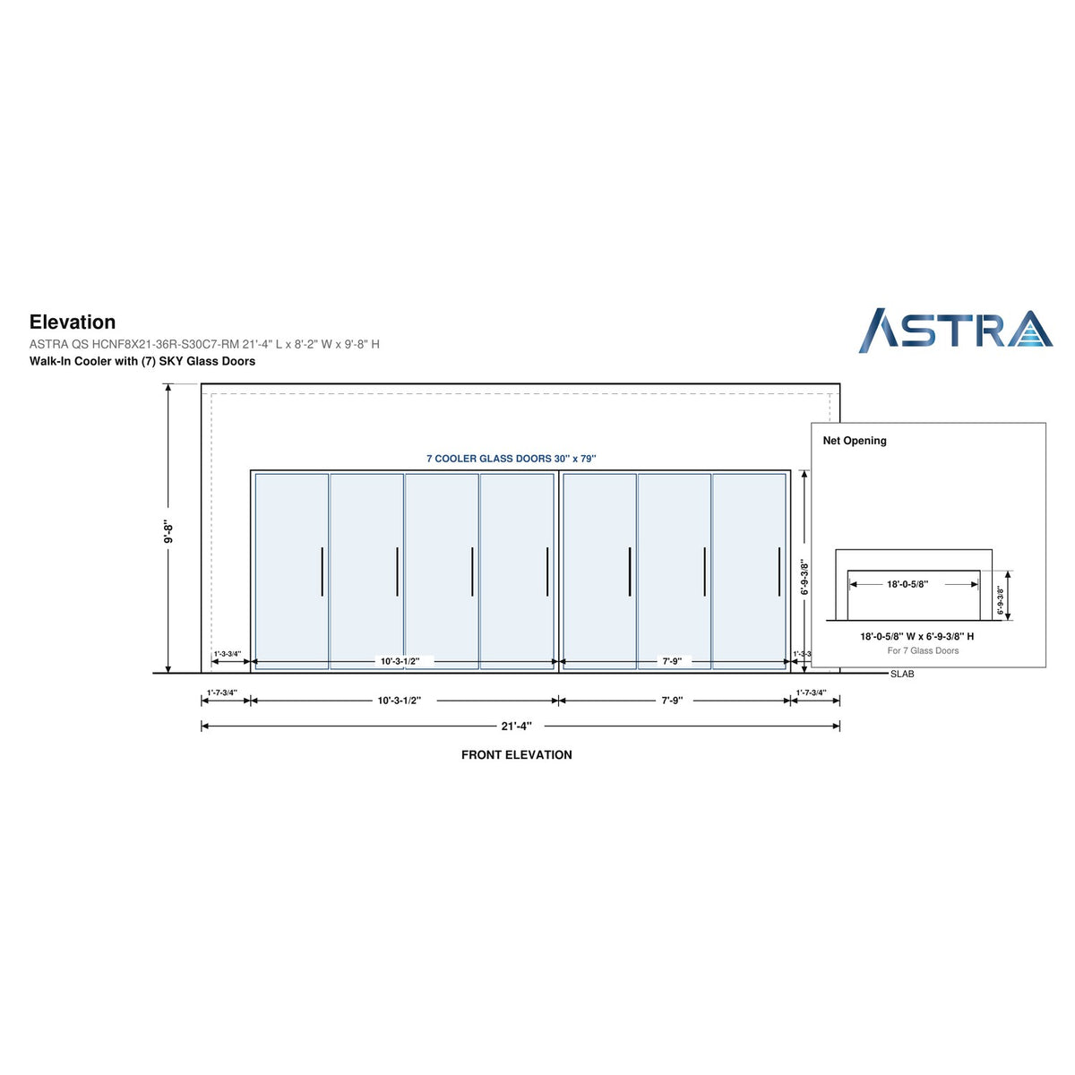 Astra HCNF8X21-S30C7-RM 8' x 21' Walk-In Cooler No Floor, 7 Glass Doors, front elevation drawing with glass door net opening