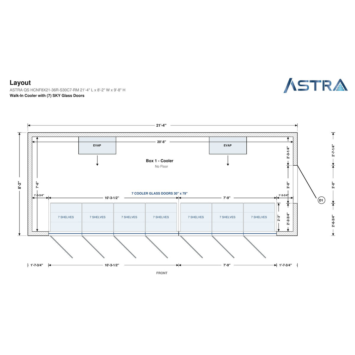 Astra HCNF8X21-S30C7-RM 8' x 21' Walk-In Cooler No Floor, 7 Glass Doors, floor plan layout drawing with glass door shelving