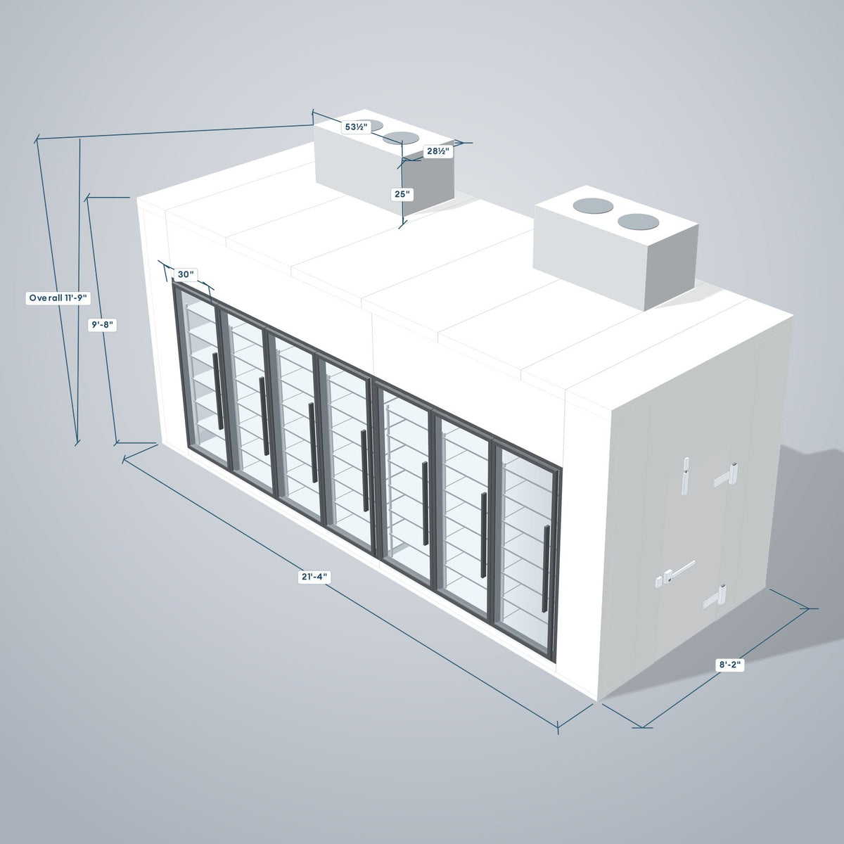 Astra HCNF8X21-S30C7-TM 8' x 21' Walk-In Cooler No Floor, 7 Glass Doors, 3D view with outside dimensions