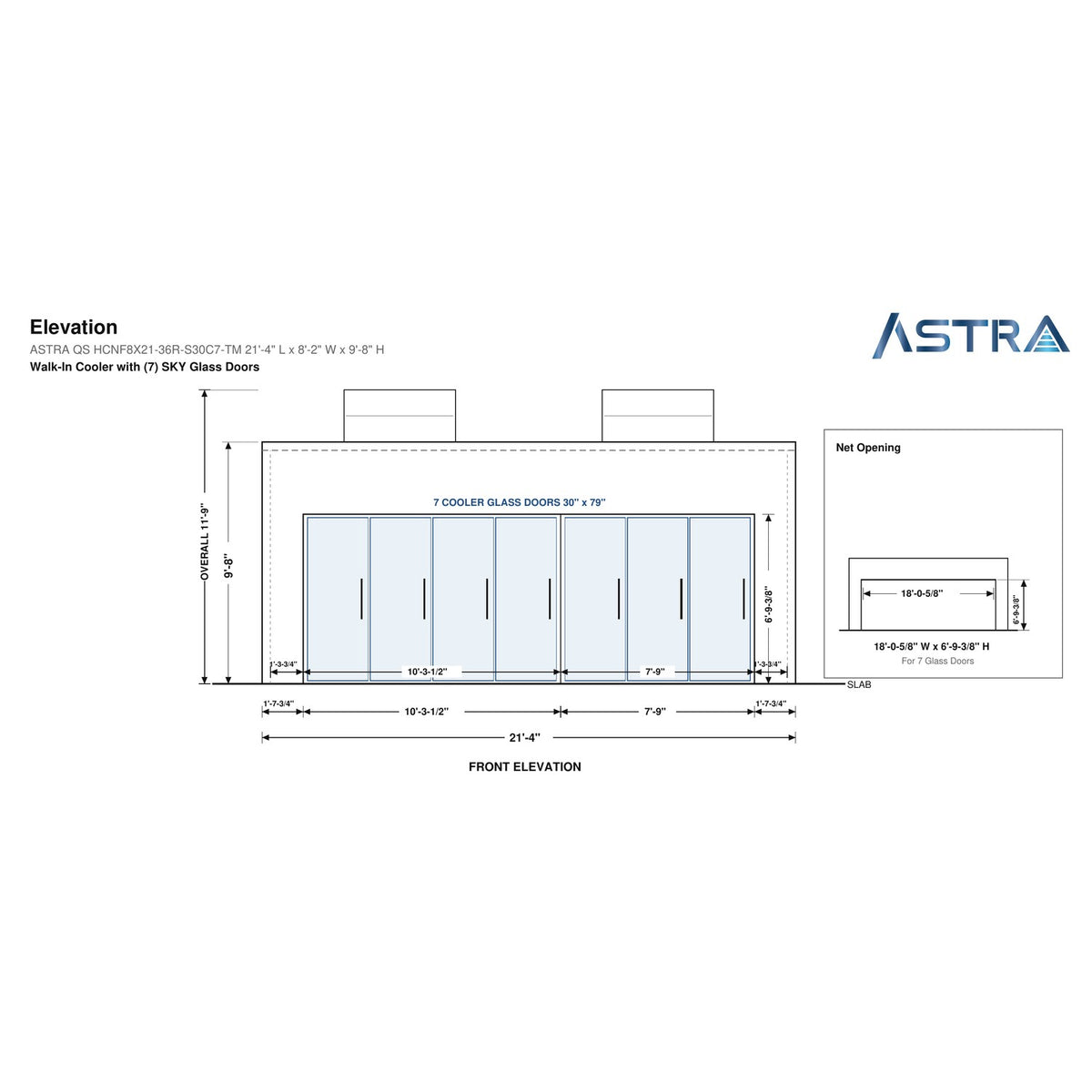 Astra HCNF8X21-S30C7-TM 8' x 21' Walk-In Cooler No Floor, 7 Glass Doors, front elevation drawing with glass door net opening