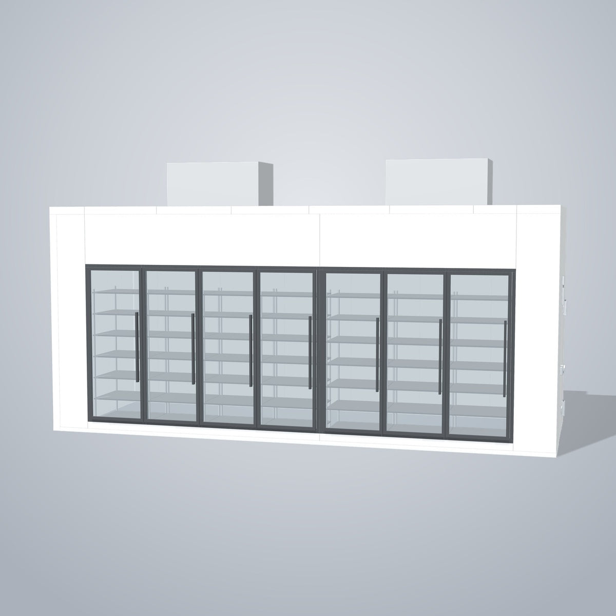 Astra HCNF8X21-S30C7-TM 8' x 21' Walk-In Cooler No Floor, 7 Glass Doors, front 3D view of the glass door wall